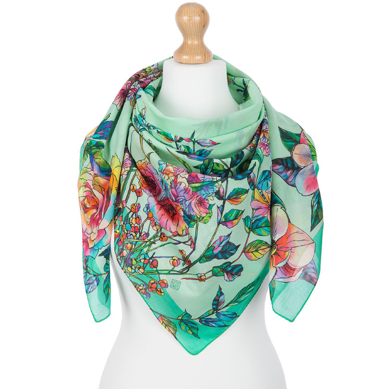 Павловопосадский платок '10602' бирюзовый 100% хлопок 115-115, артикул KW10602-000013