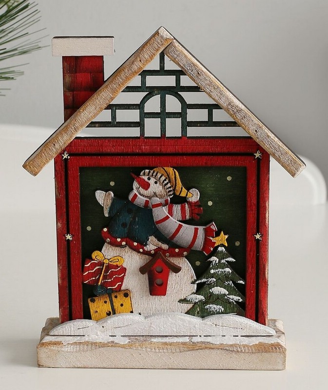 Панно рождественское настольное 'Домик Снеговика' (дерево) 12х4х14,5 см