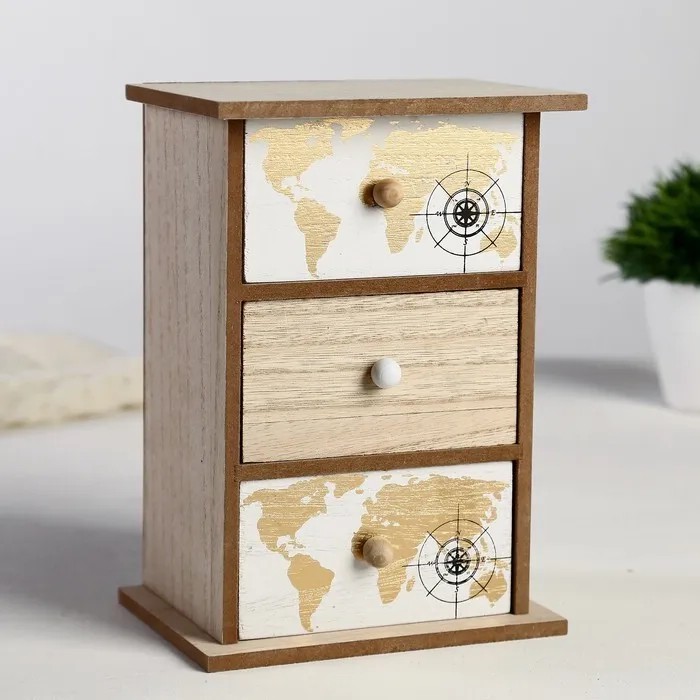 Шкатулка-комод 3 ящика 'Золотая карта мира' 21х15х11 см