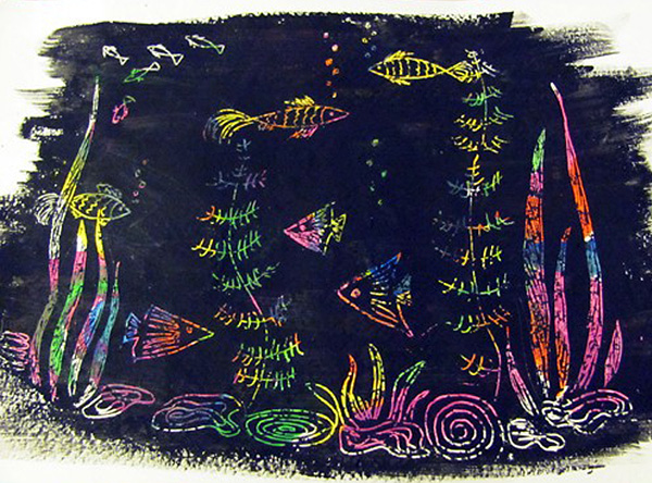 Подводный мир в технике граттаж Граттаж. Рисунок подводного мира