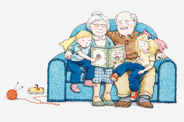 Бабушка и дедушка читают внукам книги