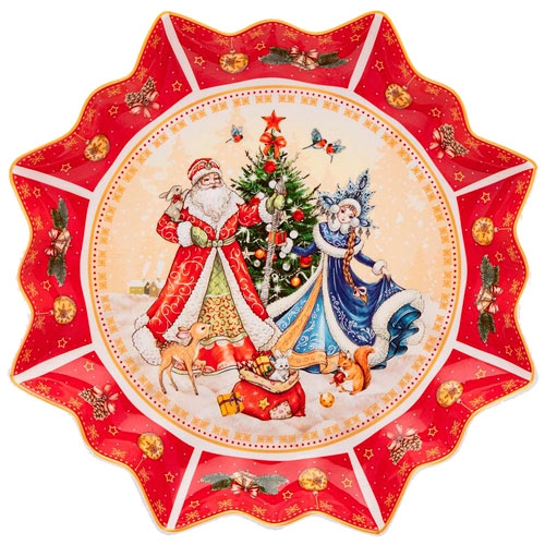 Блюдо &#x27;Дед Мороз и Снегурочка&#x27; красное, 26 см
