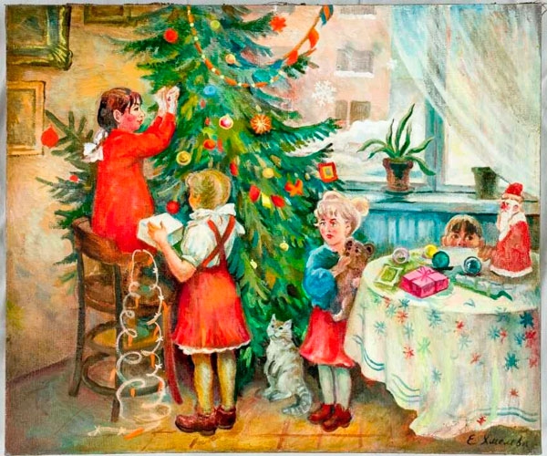 Рисунок: дети наряжают новогоднюю ёлку