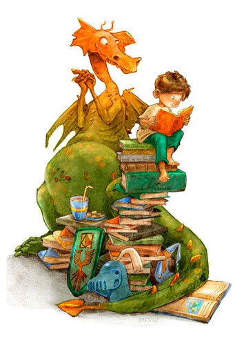 Дракон читает книги с мальчиком