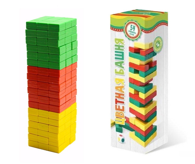Игра Падающая башня (Дженга) с цветными брусочками и кубиком