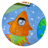 Белый Кролик летит в космос, детский рисунок